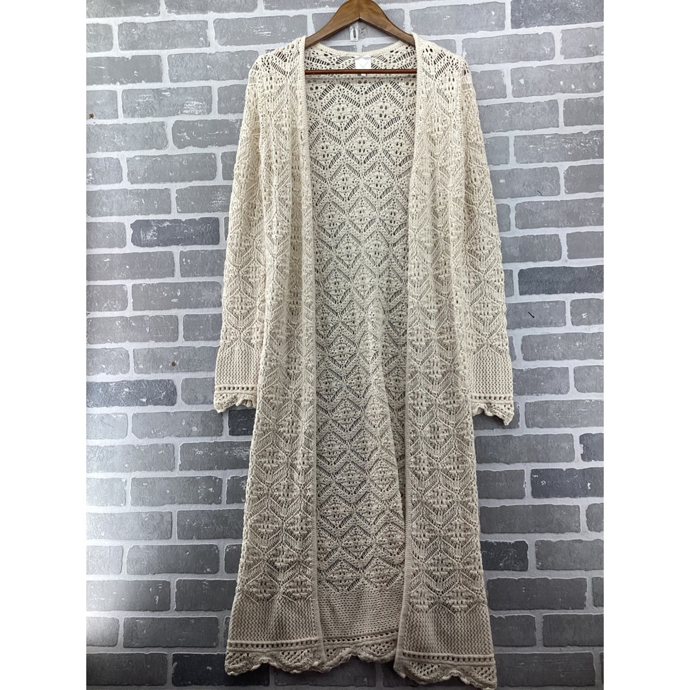 Freshman 1996 Cream Crochet Duster Cardigan Long Sleeve Open Knit Boho Medium